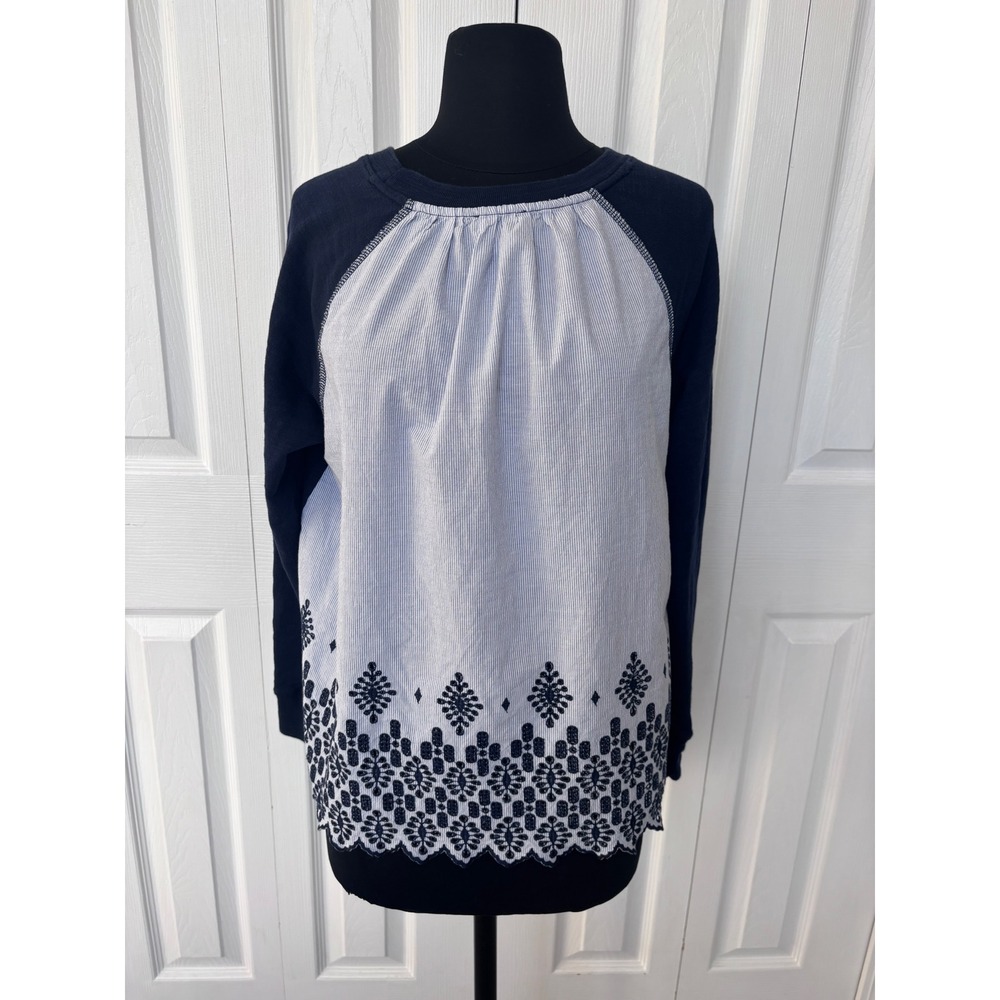 J.Crew women's eyelet Navy Blue White Striped Cotton‎ Blend Pullover Top Medium